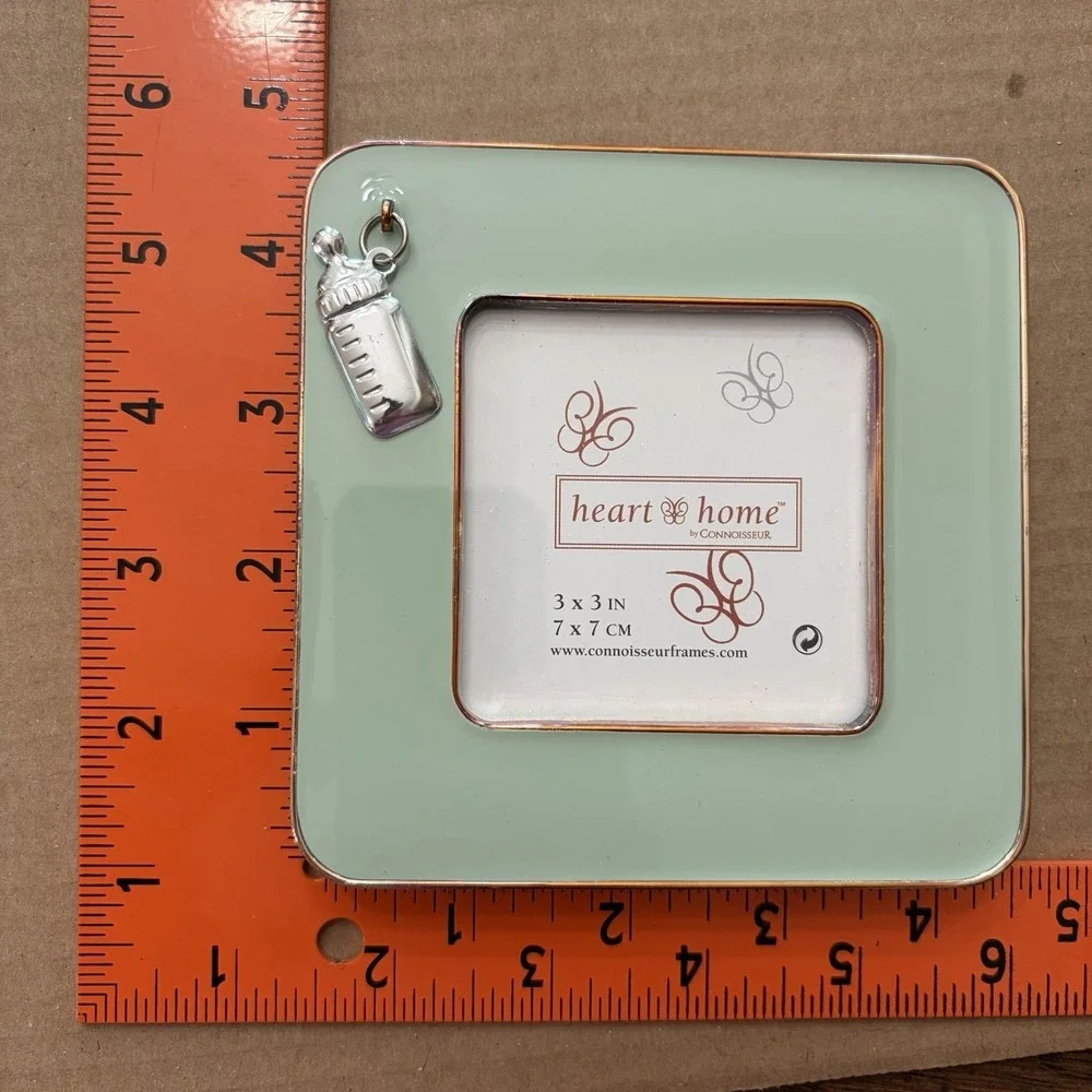 Connoisseur Heart And Home Baby Bottle 3x3 Photo Frame Mint Green Silver Nursery
